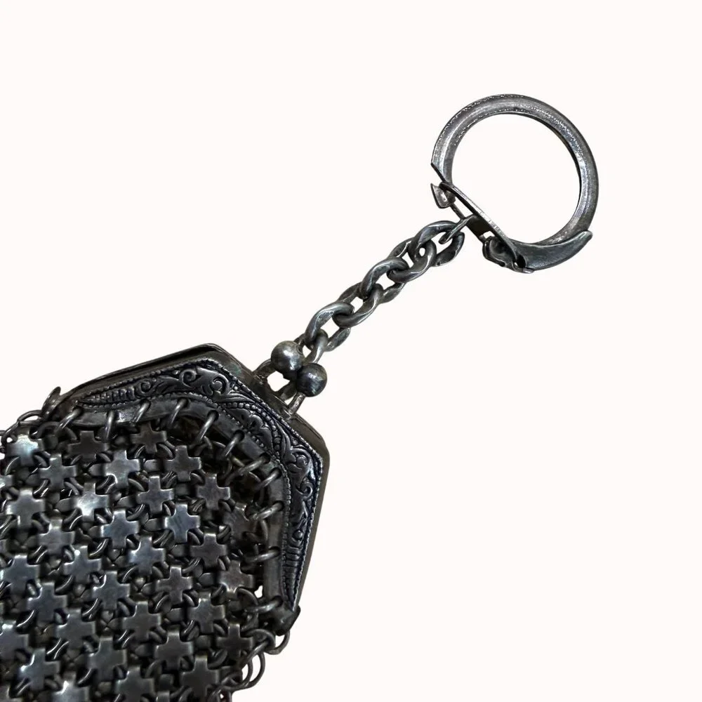 Antique Silver Mesh Chatelaine Coin Purse Keychain - Picture 3 of 6